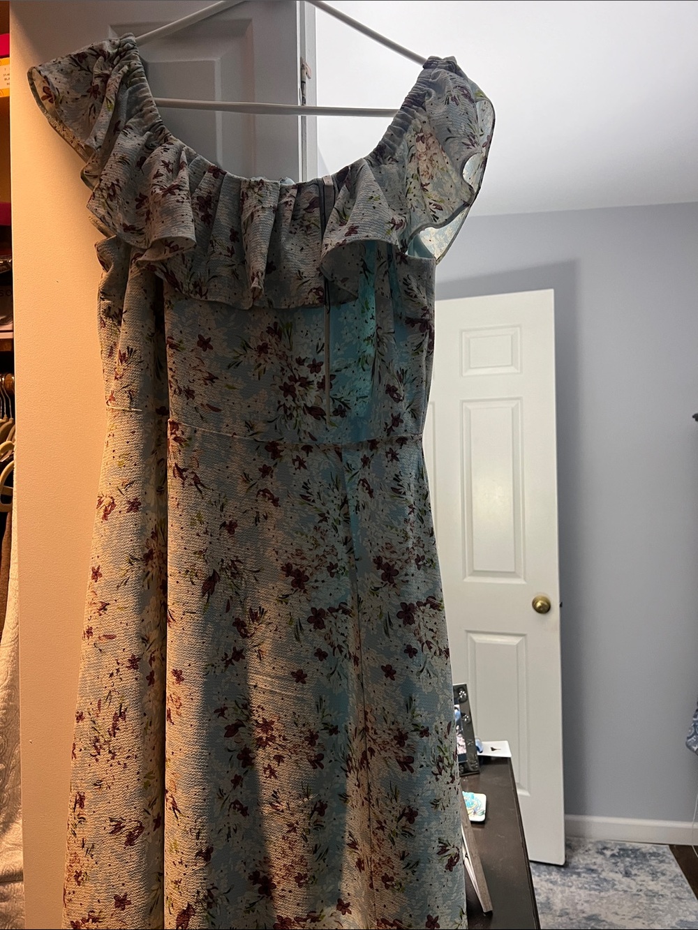 BCBG One-Shoulder Light Blue Floral Ruffle Dress